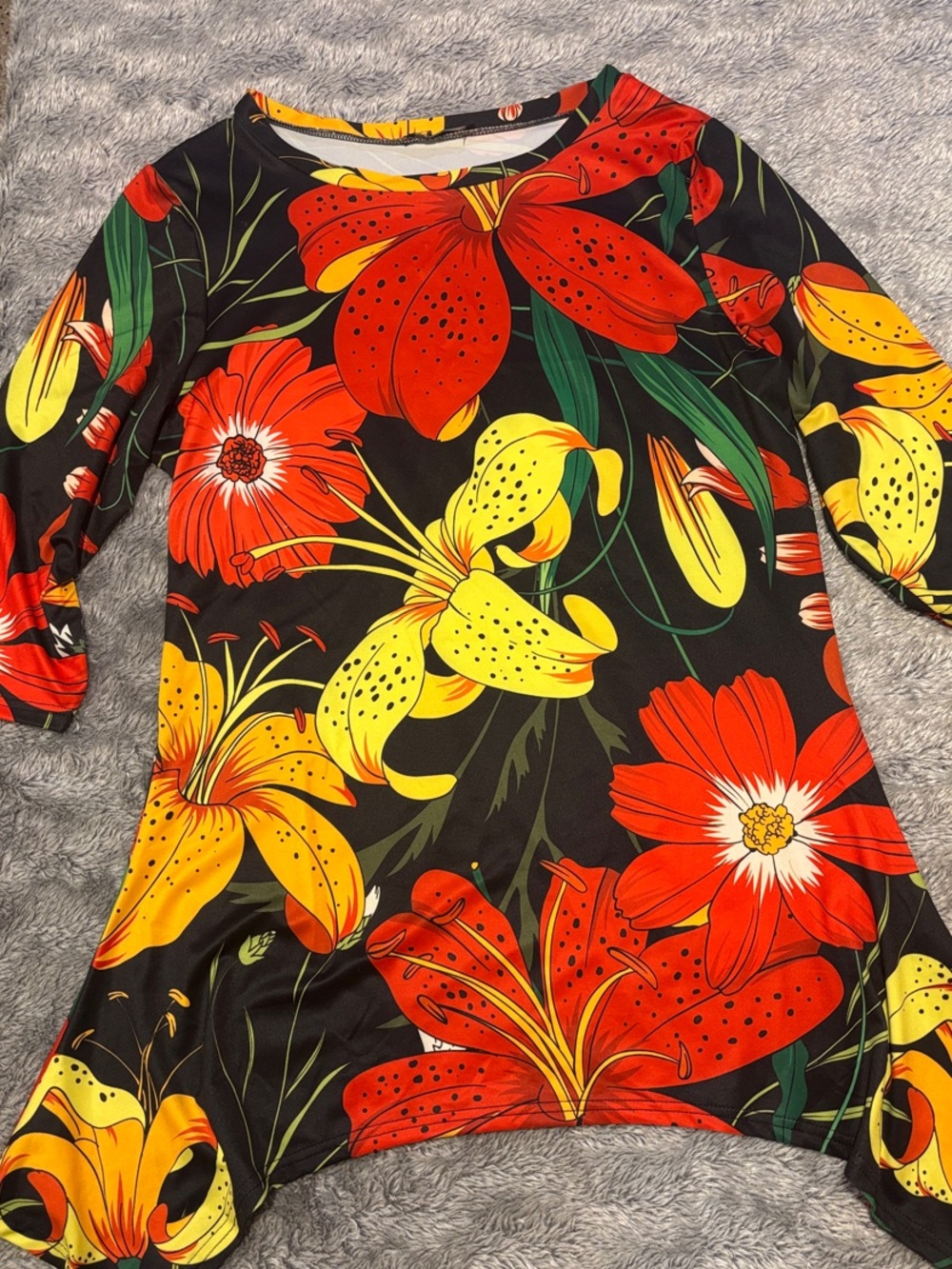 Bold Floral Tunic Top LILY by Firmiana - Black with Red & Yellow Blooms
